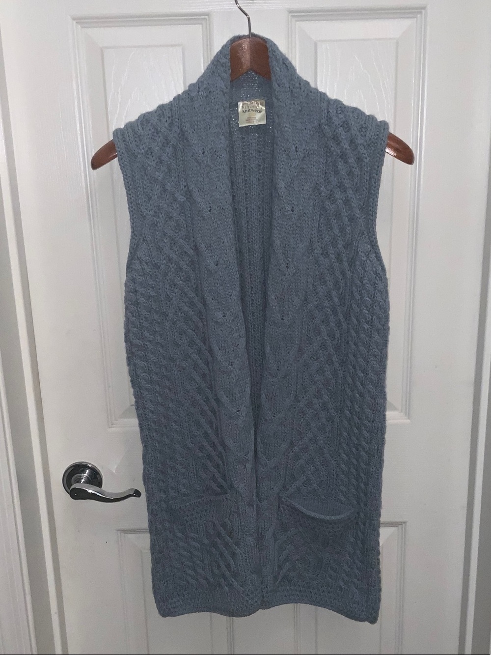 Merino Wool Sleeveless Cable-Knit Open Front Vest - Slate Blue